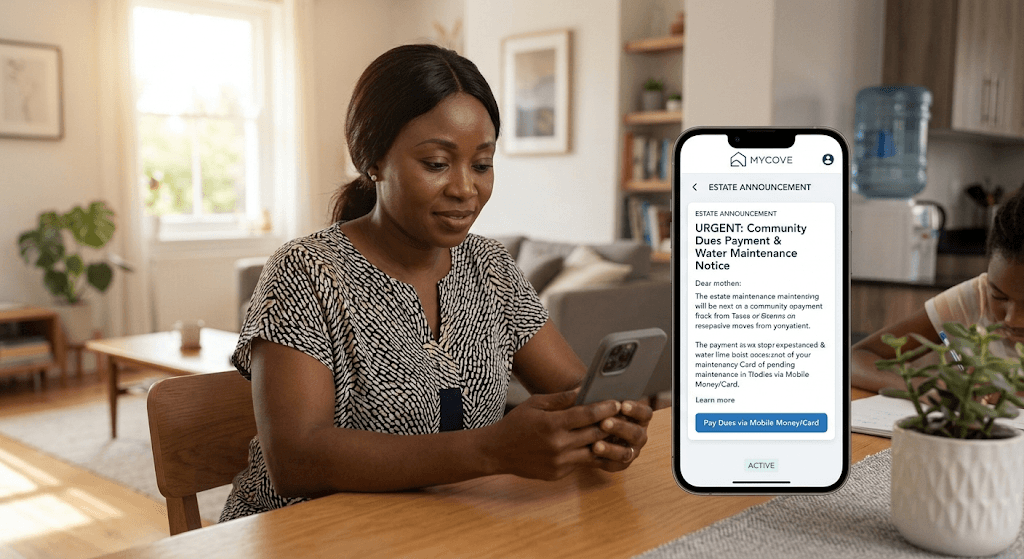 A resident at home reading a MyCove estate announcement notification on her phone