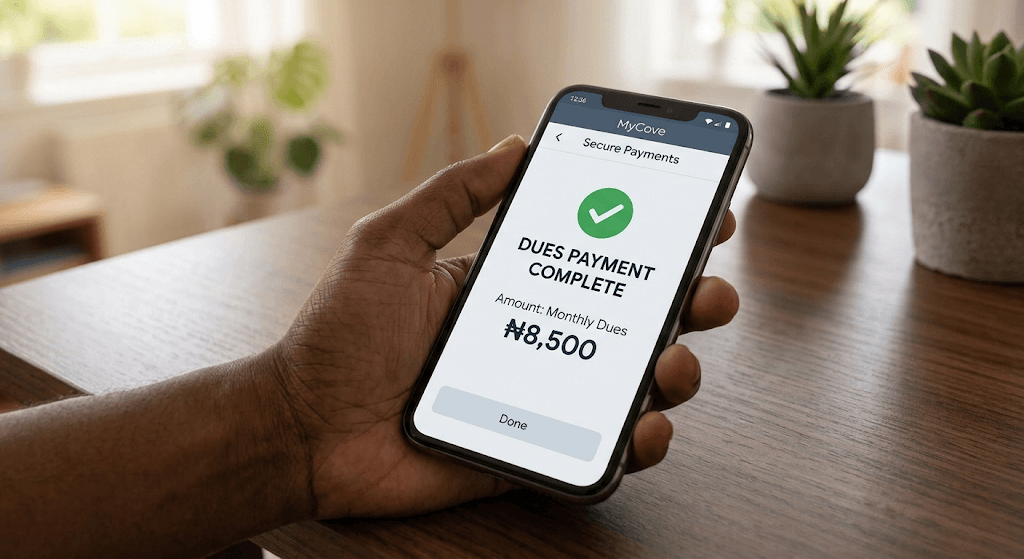 A resident's hand holding a phone showing a MyCove dues payment confirmation for ₦8,500
