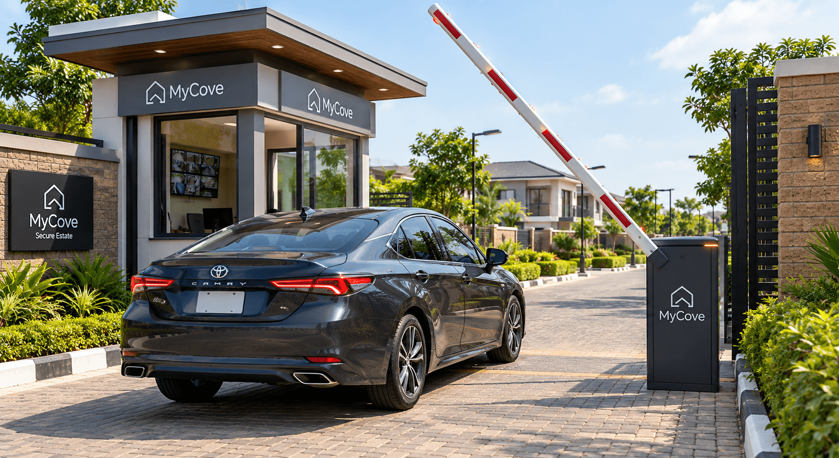 A resident's car approaching a MyCove-equipped estate gate, barrier raised, branded gatehouse and homes behind it