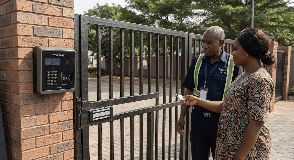 A security guard and a resident at a MyCove pedestrian gate with an RFID keypad terminal